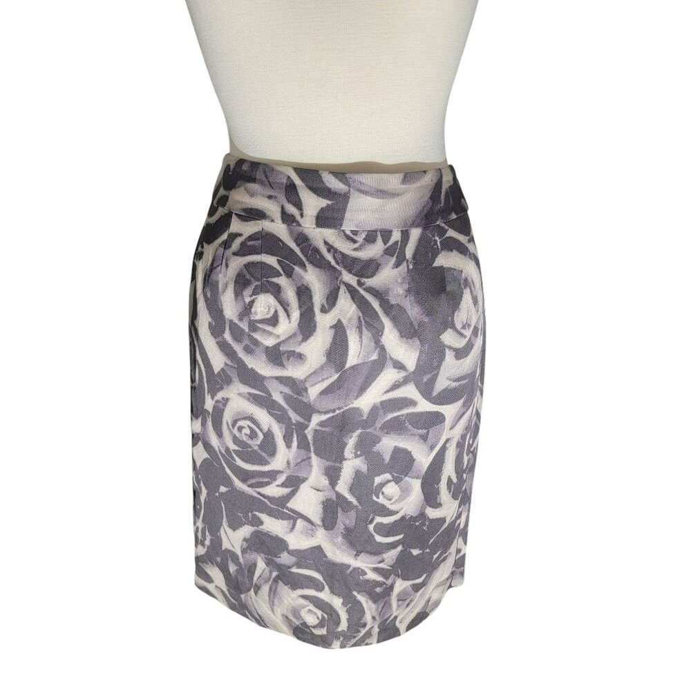Banana Republic Pencil Skirt, Women 2, Gray Scale Floral, Rayon/Linen, Lined,EUC